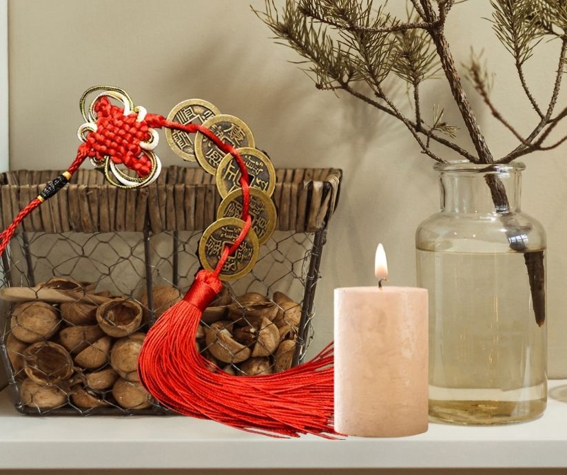 Amuleto Feng Shui Moedas IChing Nó Chinês Vermelho 36cm Modelo Fortune Divine